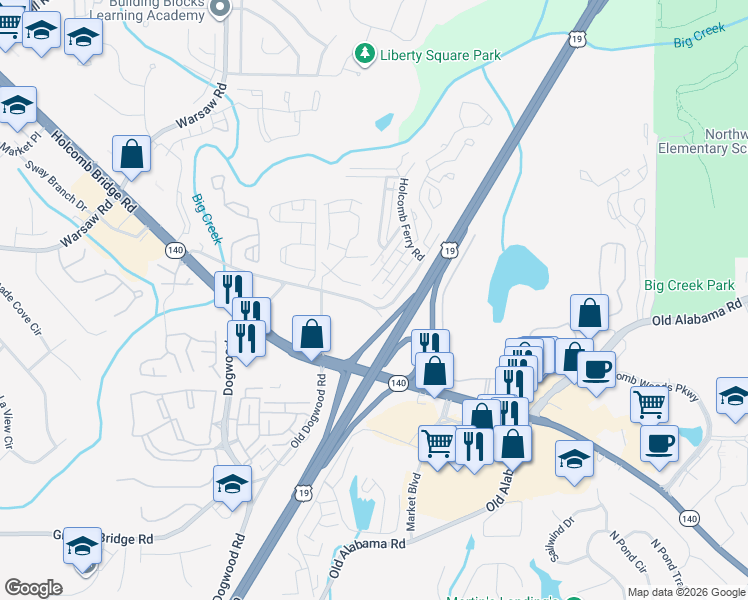 map of restaurants, bars, coffee shops, grocery stores, and more near 136 Old Ferry Way in Roswell