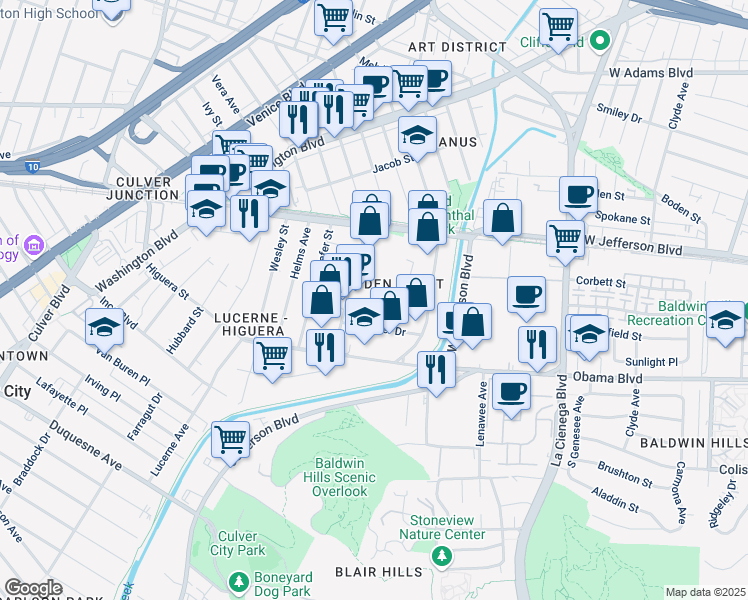 map of restaurants, bars, coffee shops, grocery stores, and more near in Culver City