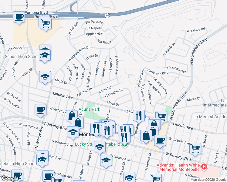 map of restaurants, bars, coffee shops, grocery stores, and more near 1500 El Camino Drive in Montebello