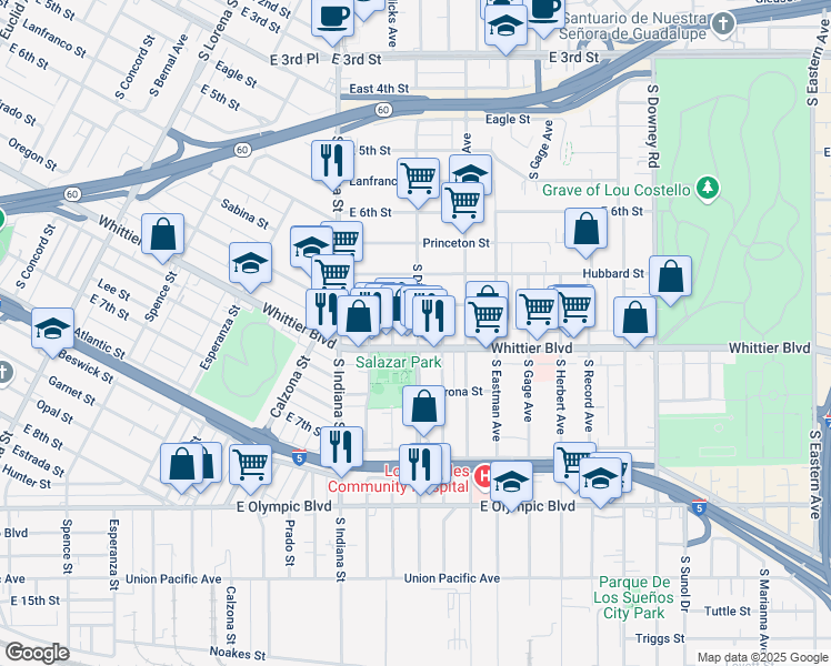 map of restaurants, bars, coffee shops, grocery stores, and more near 831 1/2 South Ditman Avenue in Los Angeles