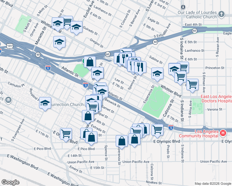 map of restaurants, bars, coffee shops, grocery stores, and more near 3439 Atlantic Street in Los Angeles