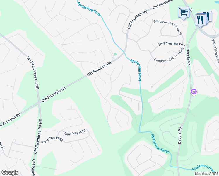 map of restaurants, bars, coffee shops, grocery stores, and more near 2464 Apalachee Run Way in Dacula