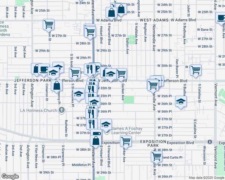 map of restaurants, bars, coffee shops, grocery stores, and more near 1600 West 35th Street in Los Angeles