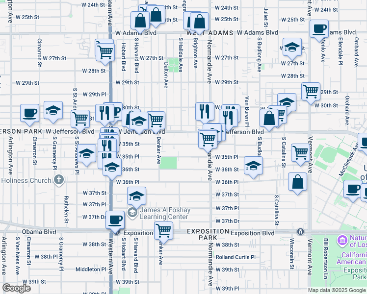 map of restaurants, bars, coffee shops, grocery stores, and more near 1476 West 35th Street in Los Angeles