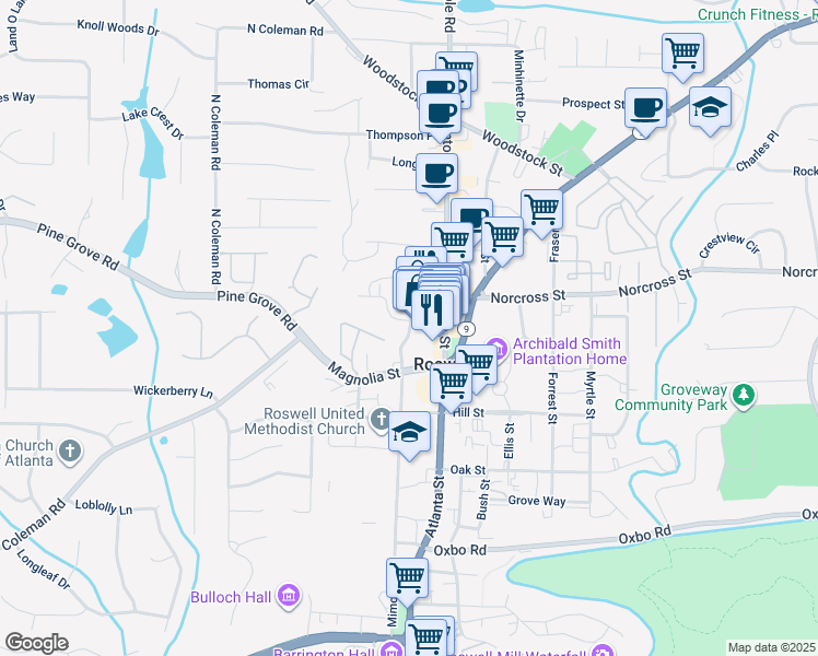 map of restaurants, bars, coffee shops, grocery stores, and more near 42 Webb St in Roswell