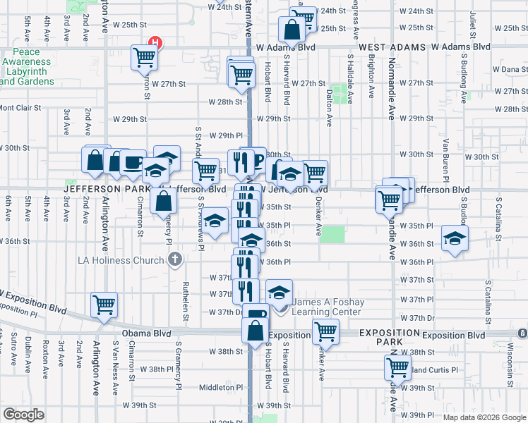 map of restaurants, bars, coffee shops, grocery stores, and more near 1668 West 35th Street in Los Angeles
