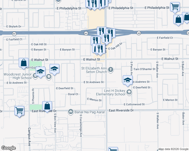 map of restaurants, bars, coffee shops, grocery stores, and more near North Virginia Avenue in Ontario