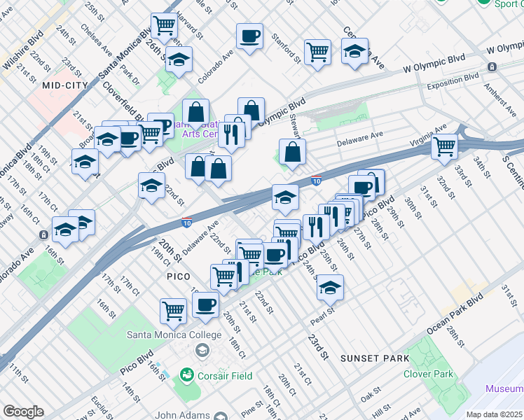map of restaurants, bars, coffee shops, grocery stores, and more near 1942 High Place in Santa Monica