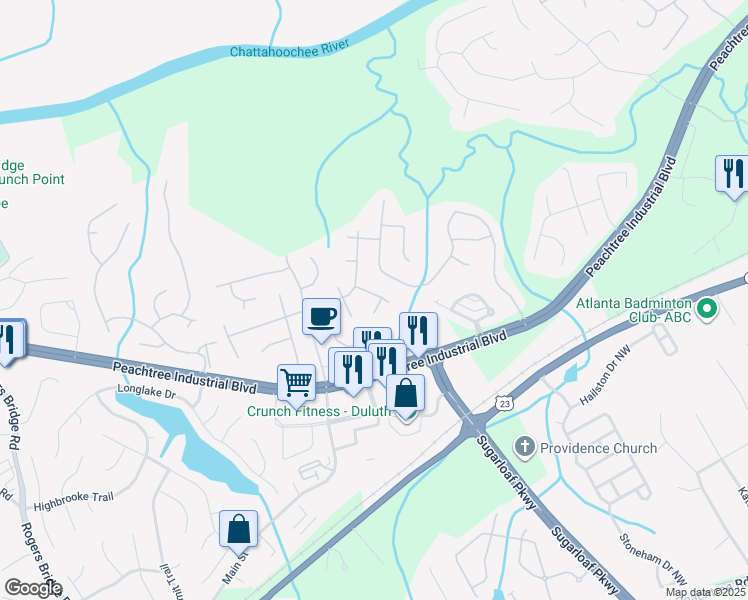 map of restaurants, bars, coffee shops, grocery stores, and more near 3911 Tugaloo River Drive Northwest in Duluth
