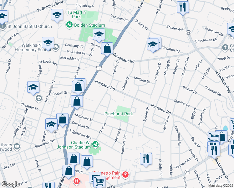 map of restaurants, bars, coffee shops, grocery stores, and more near 2445 Harrison Road in Columbia