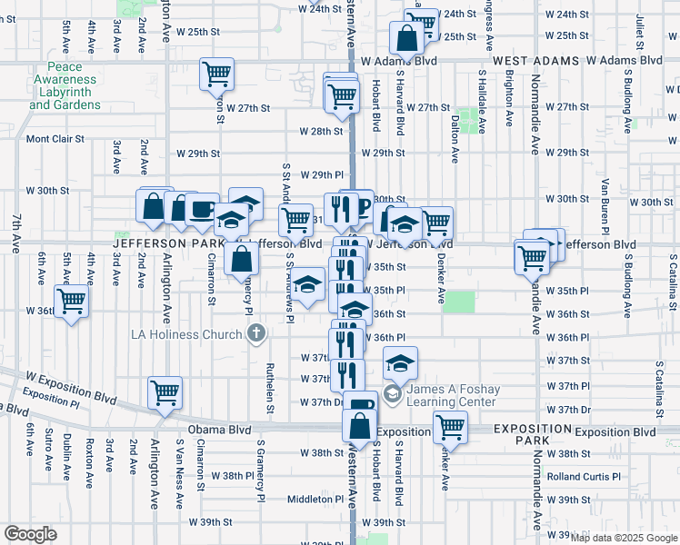 map of restaurants, bars, coffee shops, grocery stores, and more near 1718 West 35th Street in Los Angeles