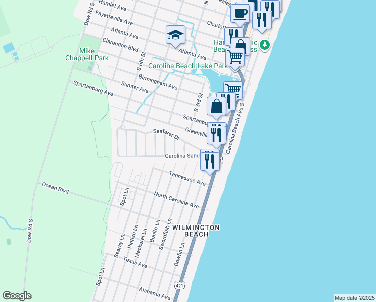 map of restaurants, bars, coffee shops, grocery stores, and more near 916 Oceanward Lane in Carolina Beach