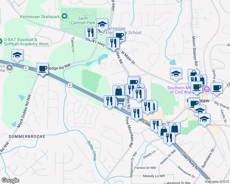 map of restaurants, bars, coffee shops, grocery stores, and more near 2656 Saint Charles Lane Northwest in Kennesaw