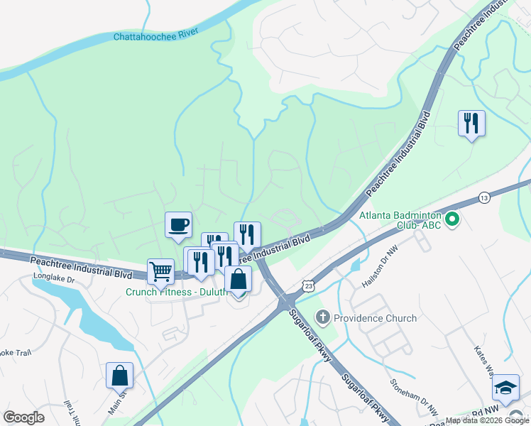 map of restaurants, bars, coffee shops, grocery stores, and more near 3969 Glenview Club Lane in Duluth