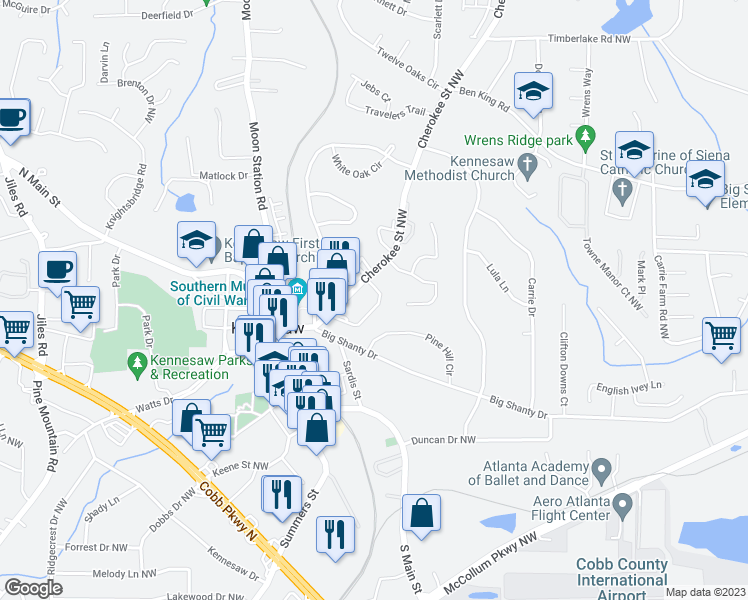 map of restaurants, bars, coffee shops, grocery stores, and more near 2889 Boone Drive Northwest in Kennesaw