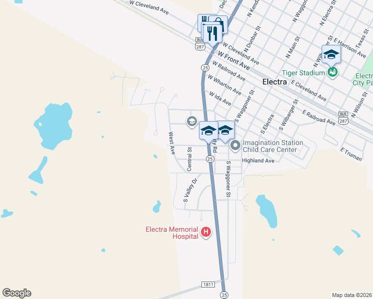 map of restaurants, bars, coffee shops, grocery stores, and more near 1002 South Main Street in Electra