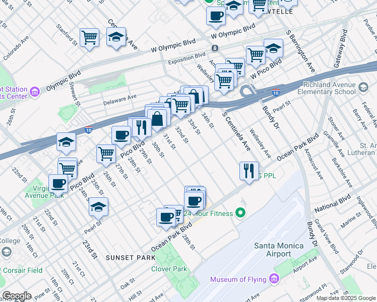 map of restaurants, bars, coffee shops, grocery stores, and more near 2414 32nd Street in Santa Monica