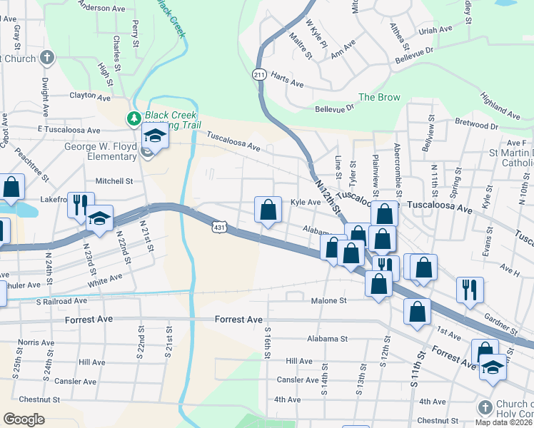 map of restaurants, bars, coffee shops, grocery stores, and more near 1409 Alabama Avenue in Gadsden