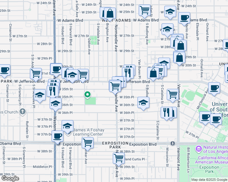 map of restaurants, bars, coffee shops, grocery stores, and more near 1408 West 35th Street in Los Angeles