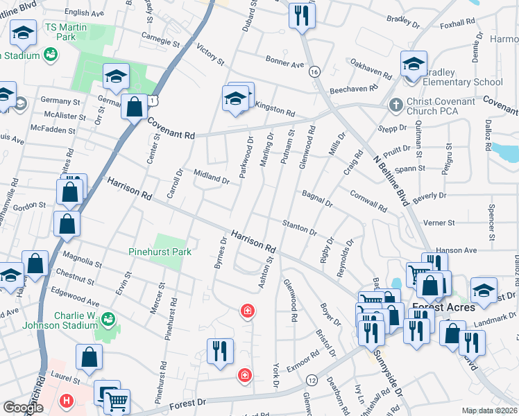 map of restaurants, bars, coffee shops, grocery stores, and more near 2508 Marling Drive in Columbia