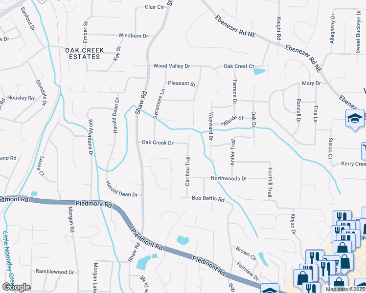 map of restaurants, bars, coffee shops, grocery stores, and more near 1495 Oak Creek Dr in Marietta