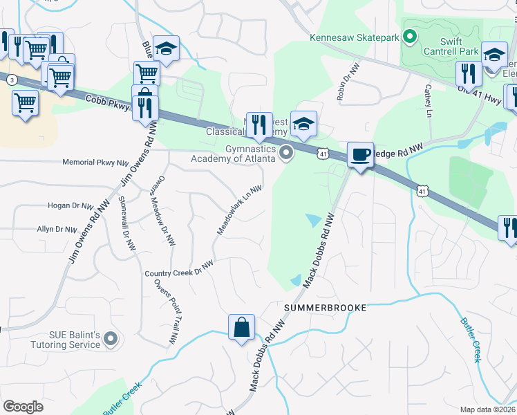 map of restaurants, bars, coffee shops, grocery stores, and more near 3358 Tia Trace Northwest in Kennesaw