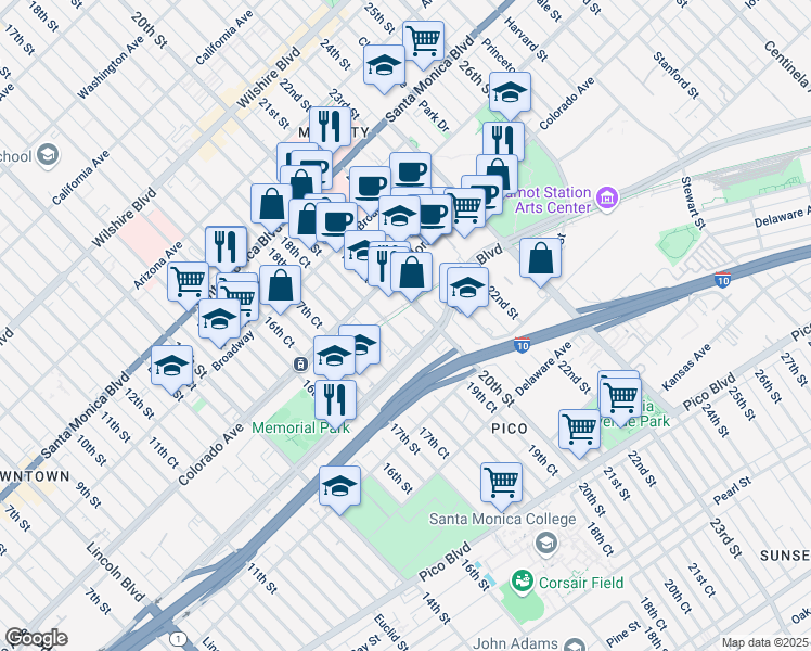 map of restaurants, bars, coffee shops, grocery stores, and more near 1653 19th Court in Santa Monica
