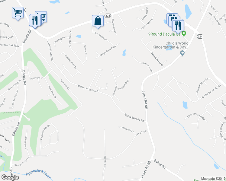 map of restaurants, bars, coffee shops, grocery stores, and more near 3270 Stratton Lane in Dacula