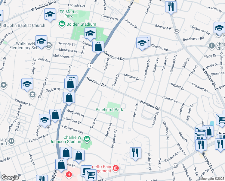 map of restaurants, bars, coffee shops, grocery stores, and more near 2501 Harrison Road in Columbia