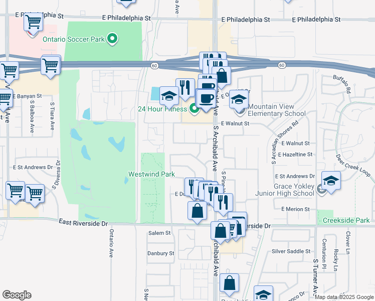 map of restaurants, bars, coffee shops, grocery stores, and more near 2551 East Canterbury Trail in Ontario