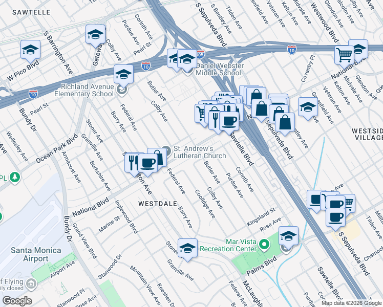 map of restaurants, bars, coffee shops, grocery stores, and more near 11440 National Boulevard in Los Angeles