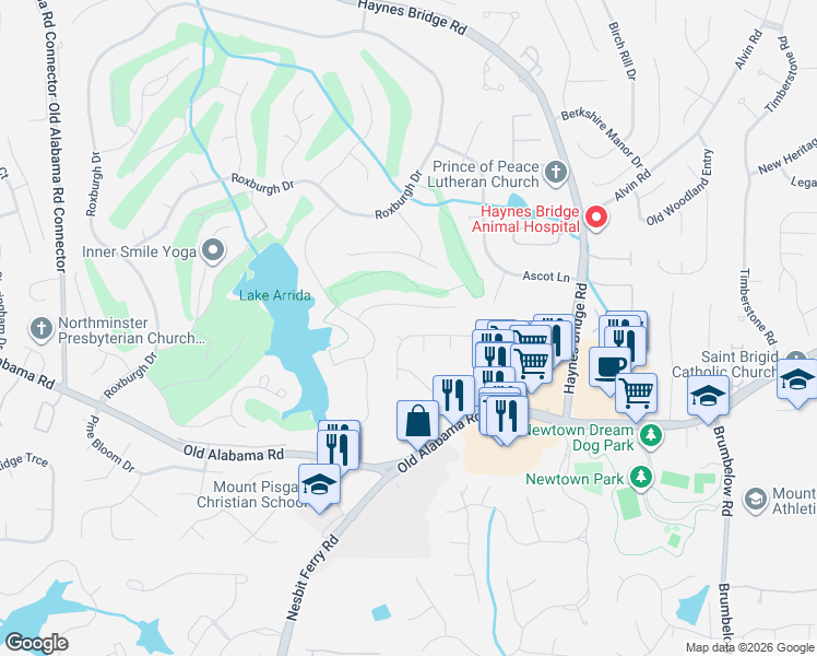 map of restaurants, bars, coffee shops, grocery stores, and more near 3045 Ivey Oaks Lane in Roswell