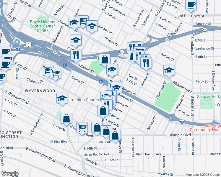 map of restaurants, bars, coffee shops, grocery stores, and more near 3325 Beswick Street in Los Angeles