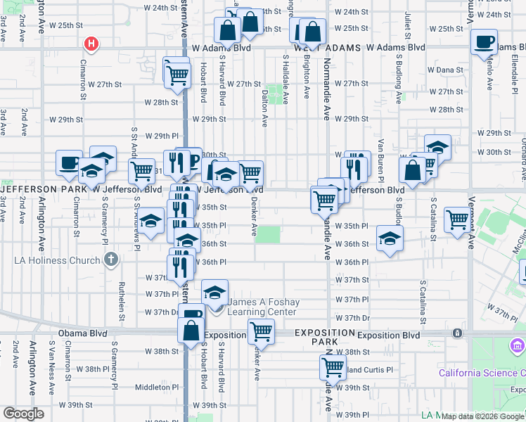map of restaurants, bars, coffee shops, grocery stores, and more near 1504 West 35th Street in Los Angeles