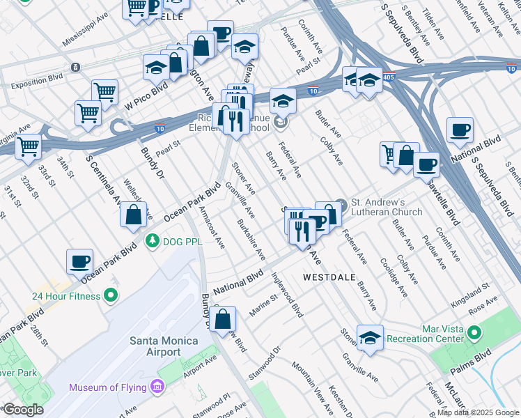 map of restaurants, bars, coffee shops, grocery stores, and more near 2731 Stoner Avenue in Los Angeles