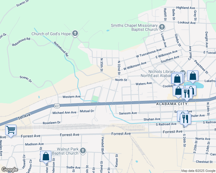 map of restaurants, bars, coffee shops, grocery stores, and more near 502 North 33rd Street in Gadsden