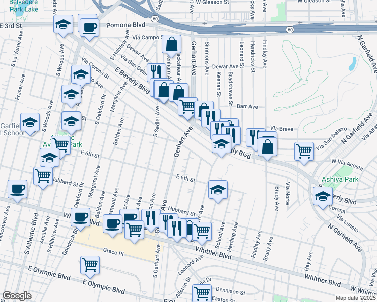map of restaurants, bars, coffee shops, grocery stores, and more near 515 Simmons Avenue in Los Angeles