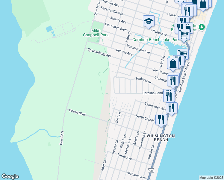 map of restaurants, bars, coffee shops, grocery stores, and more near 919 Carolina Sands Dr in Carolina Beach