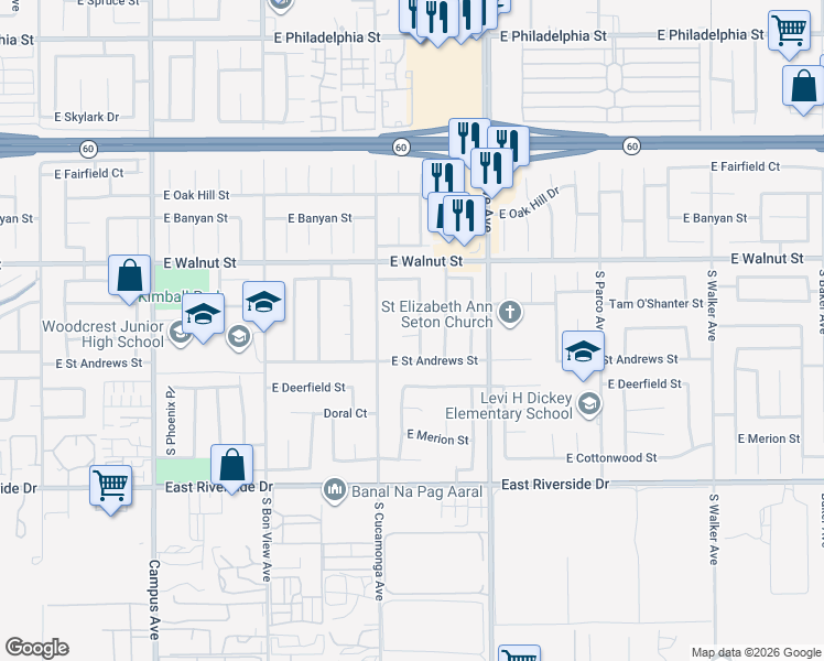 map of restaurants, bars, coffee shops, grocery stores, and more near 2714 South Marigold Avenue in Ontario