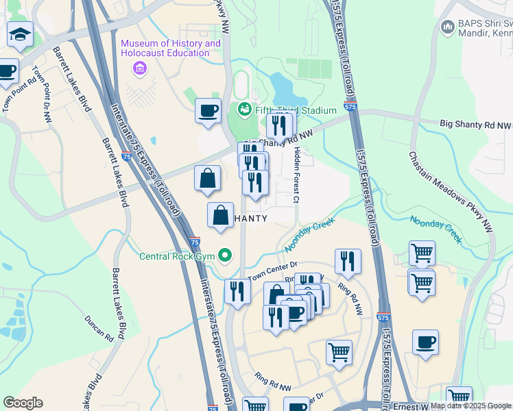 map of restaurants, bars, coffee shops, grocery stores, and more near 2920 George Busbee Parkway Northwest in Kennesaw