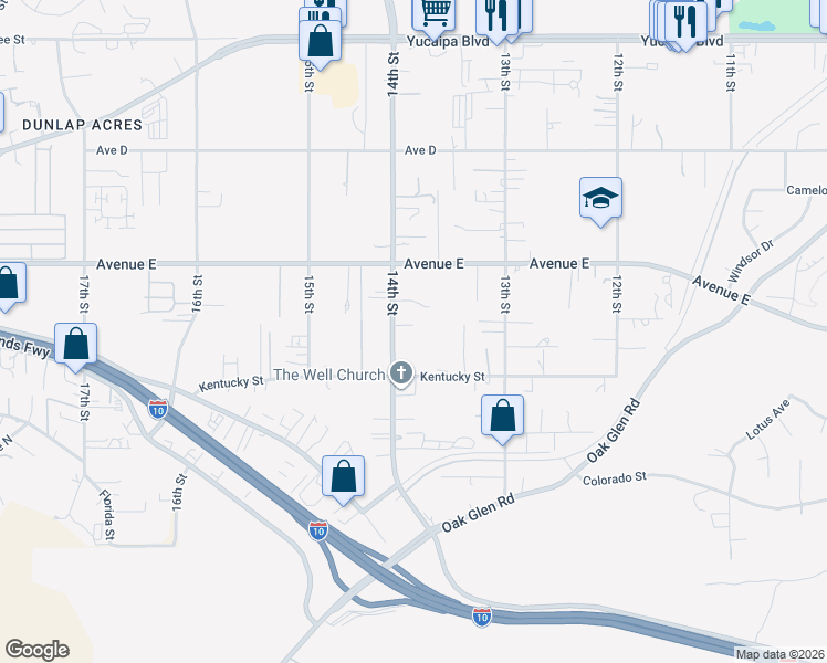 map of restaurants, bars, coffee shops, grocery stores, and more near 12609 14th Street in Yucaipa