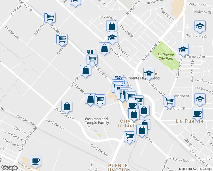 map of restaurants, bars, coffee shops, grocery stores, and more near 15334 East Valley Boulevard in City of Industry