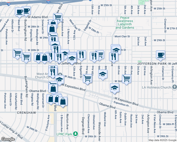 map of restaurants, bars, coffee shops, grocery stores, and more near 3434 11th Ave in Los Angeles