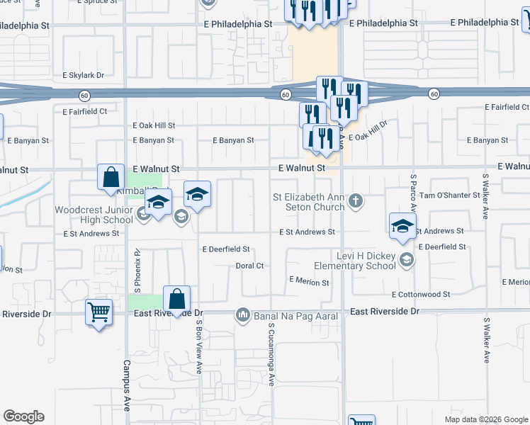map of restaurants, bars, coffee shops, grocery stores, and more near 2714 South Cucamonga Avenue in Ontario