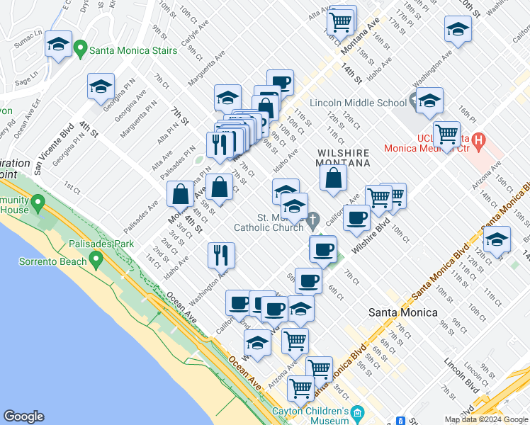 map of restaurants, bars, coffee shops, grocery stores, and more near 940 7th Street in Santa Monica