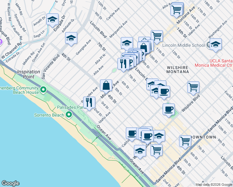 map of restaurants, bars, coffee shops, grocery stores, and more near 828 5th Street in Santa Monica