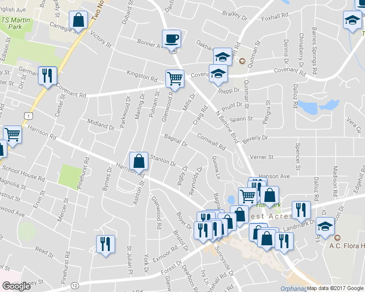 map of restaurants, bars, coffee shops, grocery stores, and more near 2540 Craig Road in Columbia