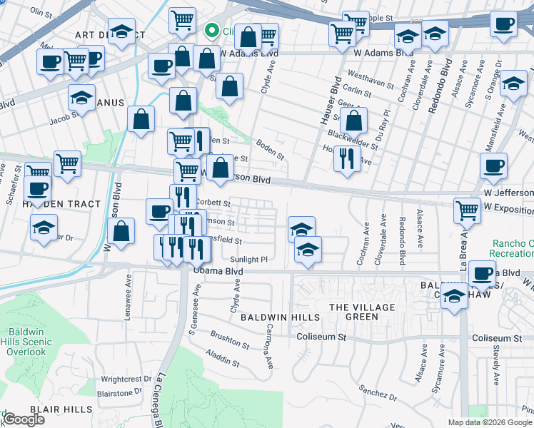 map of restaurants, bars, coffee shops, grocery stores, and more near 5630 Corbett Street in Los Angeles
