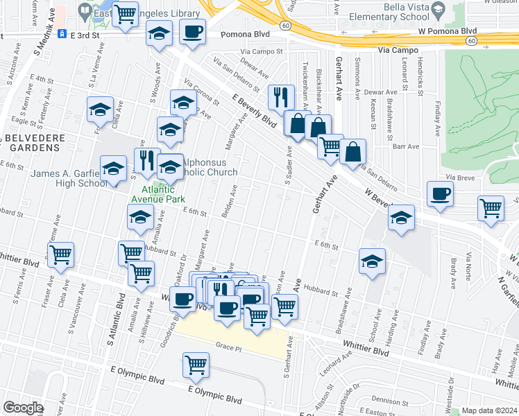 map of restaurants, bars, coffee shops, grocery stores, and more near 545 Hoefner Avenue in East Los Angeles