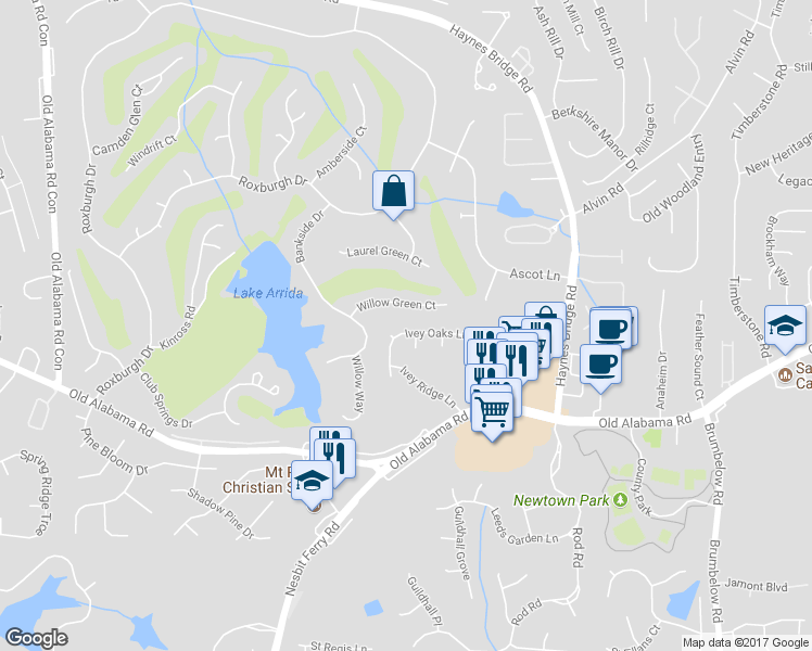 map of restaurants, bars, coffee shops, grocery stores, and more near 3045 Ivey Oaks Lane in Roswell